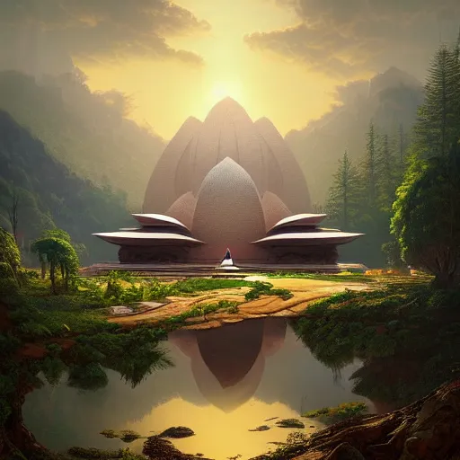 Prompt: A beautiful hyper realistic detailed matte painting of a lotus shaped temple nestled in forest mountains by John Howe and Albert Bierstadt and Alena Aenami and dan mumford and dave noton, unreal engine, trending on behance