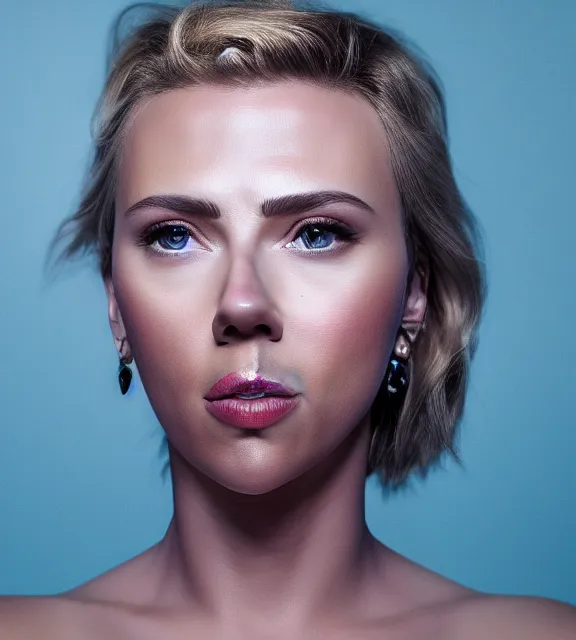 Image similar to portrait photo of Scarlett Johansson:: symmetric face, symmetric eyes, slight smile, photo by Annie Leibovitz, 85mm, teal studio backdrop, Getty images