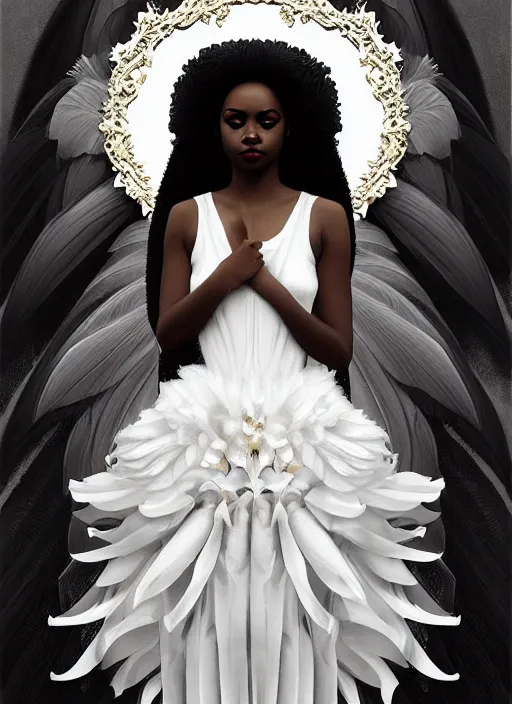 Prompt: full body portrait of young black woman swan queen, beautiful flowy feathered gown, intricate white lilies, beautiful baroque lace detail, highly detailed, digital painting, artstation, concept art, smooth, sharp focus, illustration, art by wlop, mars ravelo and greg rutkowski