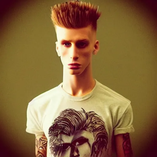 Image similar to “a realistic detailed photo of a guy who is an attractive humanoid who is half robot and half humanoid, who is a male android, rapper Machine Gun Kelly, shiny skin, posing like a statue, blank stare”