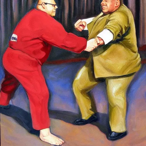 Prompt: An oil painting of george costanza fighting the covenant
