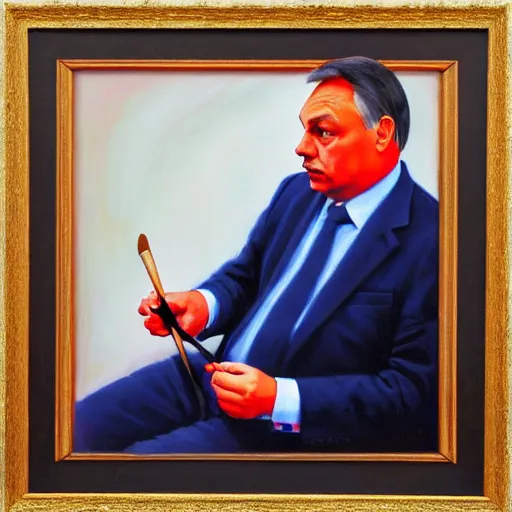 Image similar to viktor orban knitting, oil painting