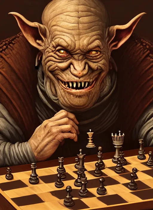 Image similar to highly detailed closeup portrait of a medieval goblin playing chess, stephen bliss, unreal engine, greg rutkowski, ilya kuvshinov, ross draws, hyung tae and frank frazetta, tom bagshaw, tom whalen, nicoletta ceccoli, mark ryden, earl norem, global illumination, god rays, detailed and intricate environment