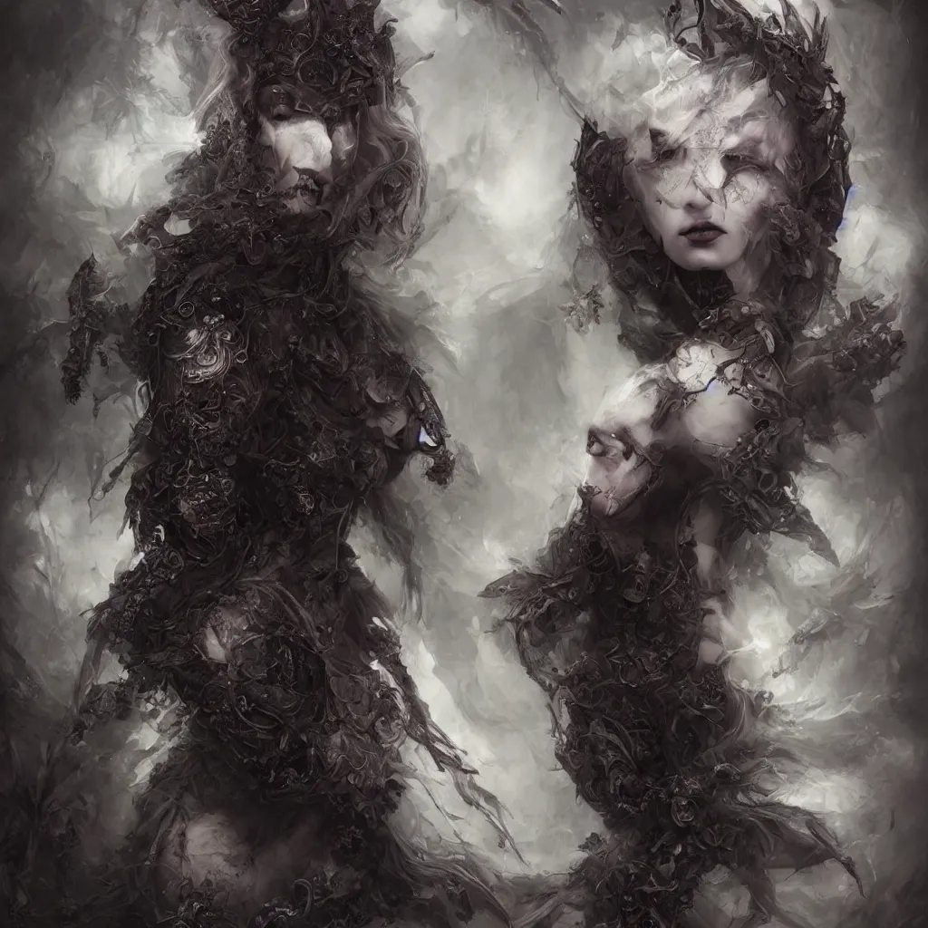 Prompt: tom bagshaw, soft painting centered portrait body shot fractal curiosities carnival, a single beautiful anthropomorphic female wolf mutation in full nightshade gothic armor, accurate features, focus, very intricate ultrafine details, black white purple volumetric clouds, award winning masterpiece, octane render 8 k hd