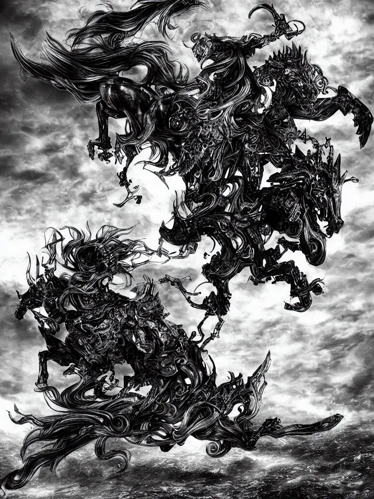 Prompt: black and white detailled illustration of death riding a pale horse over a wasteland in the style of yoshitaka amano