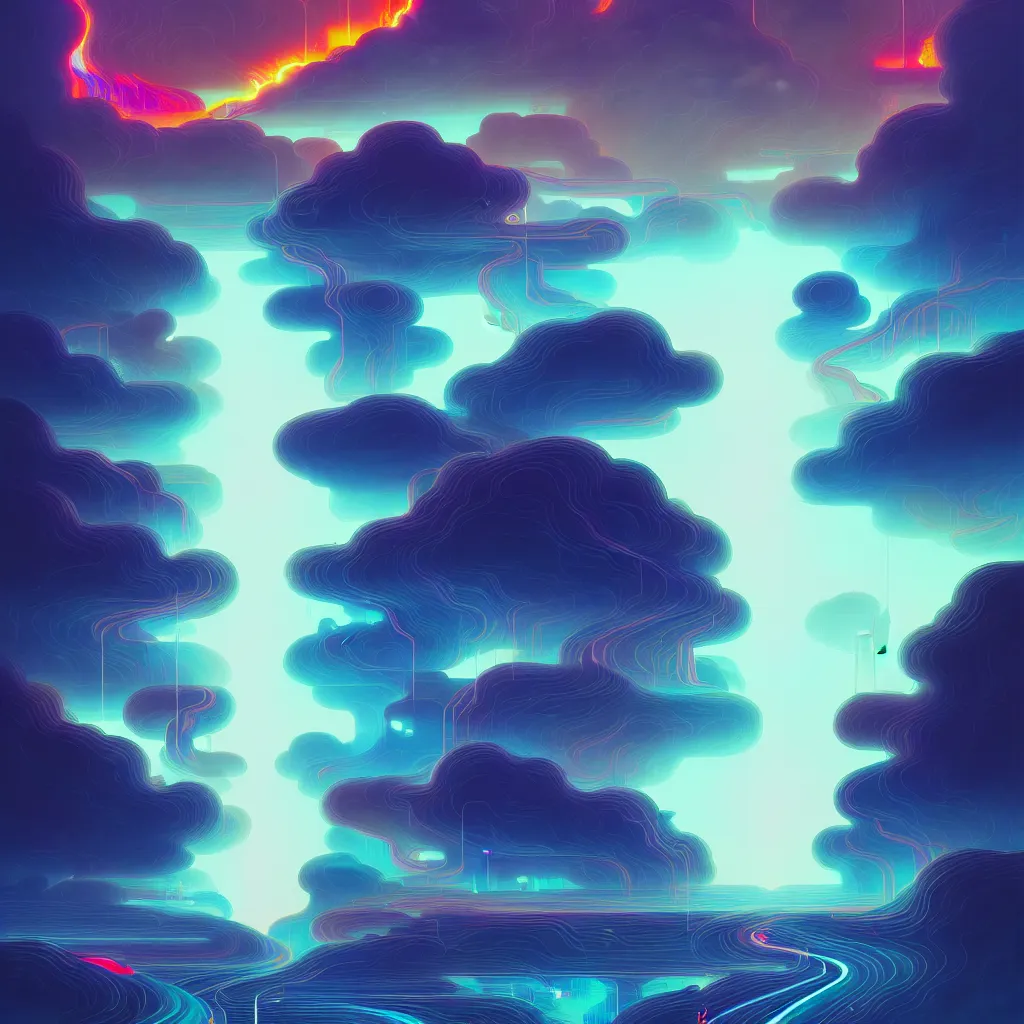 Image similar to a data-center, connector, firewall, cloud, security, river, trees, thunderstorm, trending on Artstation, painting by Jules Julien, Leslie David and Lisa Frank and Peter Mohrbacher and Alena Aenami and Dave LaChapelle muted colors with minimalism