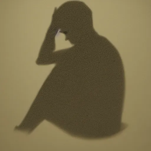 Prompt: graphite illustration of a silhouette of a depressed person sitting in the corner of a dark room