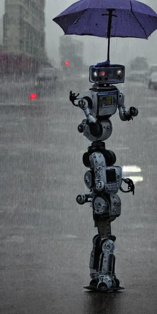 Image similar to robot on the road, city, photo, rain,