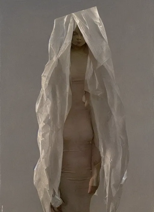 Image similar to woman in a translucent clothing made from plastic bag with paper bags for clothes standing inside paper bags with paper bag over the head at store display Edward Hopper and James Gilleard, Zdzislaw Beksinski, highly detailed