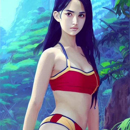 Image similar to a beautiful young japanese natalie portman alluring gravure model, stylized concept art, wearing elegant designer bomber jacket and one piece bikini, bomber jacket with mesoamerican patterns, mesoamerican native street fashion, princess mononoke, painted by ilya kuvshinov aesthetic, gorgeous, stunning, alluring, attractive, artstation, pinterest, digital art