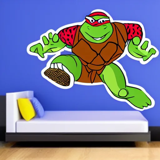 Prompt: svg sticker art of a teenage-mutant-ninja-turtle, flying towards the camera armed with nun-chucks