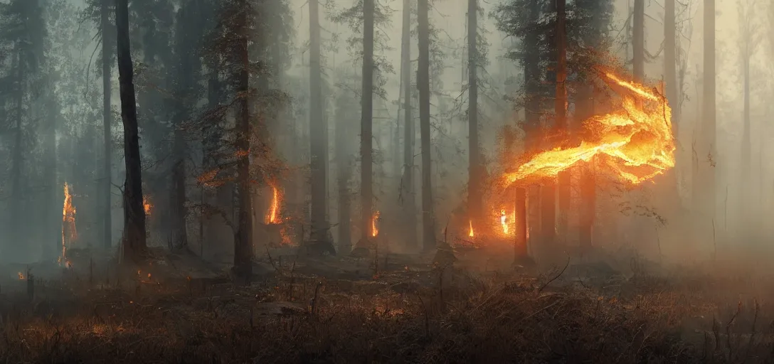 Image similar to hyperrealistic beautiful cinematic cyborg time traveler, forest fire, snowing, stunning 3 d render inspired by istvan sandorfi & greg rutkowski, perfect symmetry, dim volumetric cinematic lighting, 8 k octane comprehensive render, extremely mega hyper - detailed and lifelike attributes & atmosphere, intricate, realistic flesh texture, masterpiece, artstation, stunning,