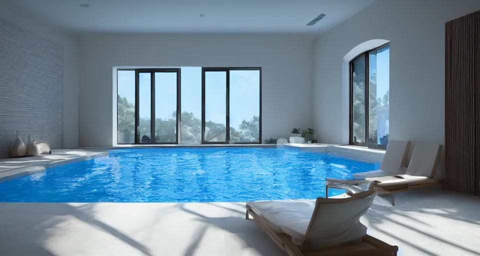 Prompt: Dream Pool in rooms of white ceramic tile, sunlight coming in from windows with a blue sky, environment unreal engine, low level, 4K UHD image, octane render,