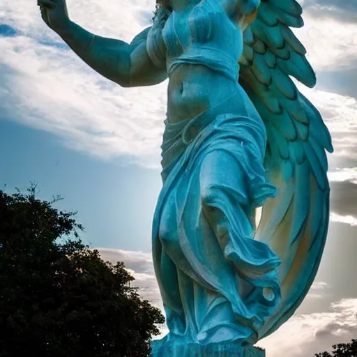 Image similar to venus, nike, the winged victory of samothrace statue made of cyan crystal on a rock in the clouds dramatic low light volumetric lighting epic towering clouds central composition stylised close up to ample soft touch lighting from the side by sunset