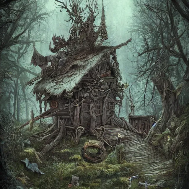 Prompt: The baba yaga , in the depths of the forest , artstation, highly detailed, illustration, fantasy,