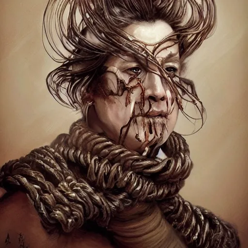 Image similar to portrait of a Shibari rope wrapped face and neck, headshot, insanely nice professional hair style, dramatic hair color, digital painting, of a old 17th century, old cyborg merchant, amber jewels, baroque, ornate clothing, scifi, realistic, hyperdetailed, chiaroscuro, concept art, art by Franz Hals and Jon Foster and Ayami Kojima and Amano and Karol Bak,