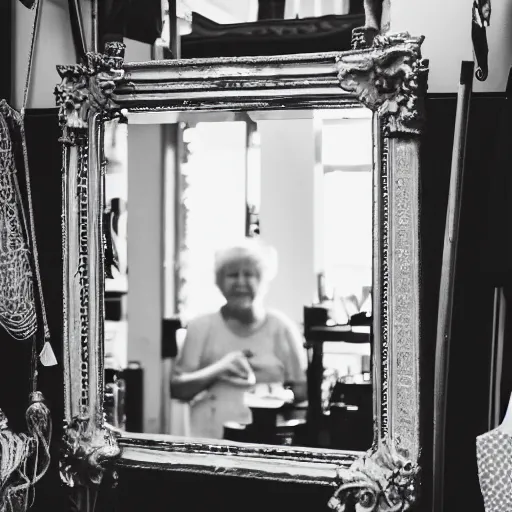 Prompt: photograph of mirror on a vintage shop, inside the mirror a reflection of an old lady smiling, black and white, 3 5 mm