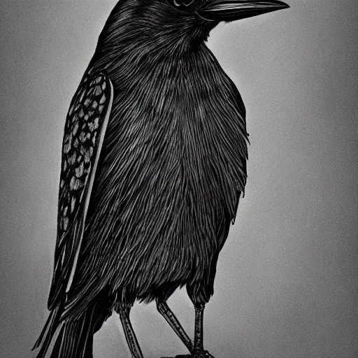 Image similar to detailed crow illustration, full body, dark fantasy, black ink on white paper, sketched 4k