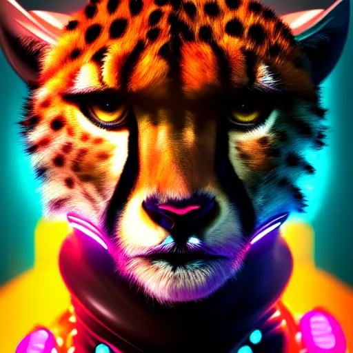 Image similar to a beautiful commission portrait of a male anthro cheetah wearing a neon jacket,futuristic,detailed face,mohawk,cyberpunk city,deviantart,artstation,art by greg rutkowski,ross tran,professional lighting,neon city,night,raytracing,highly realistic,4k,dramatic,hyperrealism