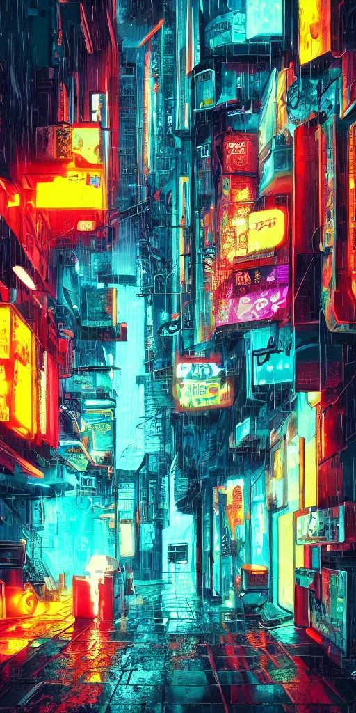 Image similar to cyberpunk alley, pop art, rtx, 8 k, ray tracing, highly detailed, cold colors, rain,