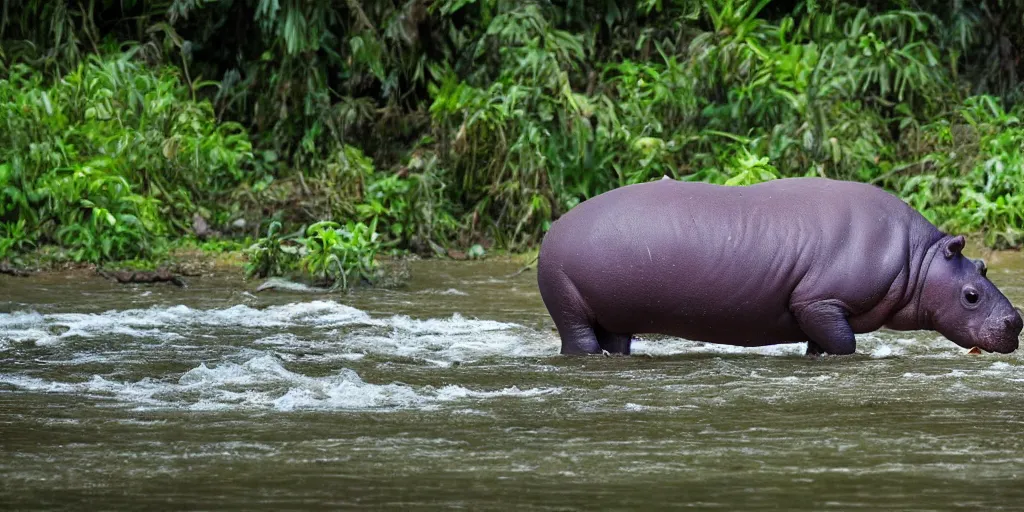 Prompt: a single hippo in a river in the jungle. the hippo has large wings. extremely high fidelity, natural lighting