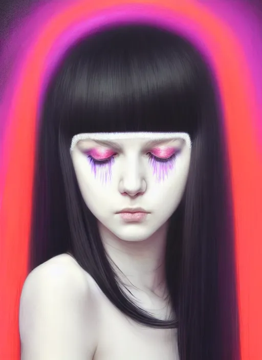 Image similar to hair whitebangs hair, black hair, blackbangswhitehair, portrait of teenage girl with white bangs, red irises, purple clothes, white bangs, bangs are different color from hair, intricate, elegant, glowing lights, highly detailed, digital painting, artstation, concept art, sharp focus, illustration, art by wlop, mars ravelo and greg rutkowski