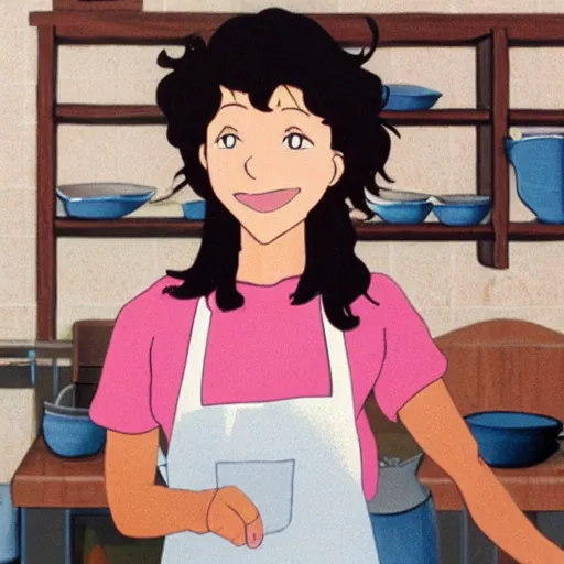 Image similar to portrait of a smiling woman with dark curly hair in a pink t-shirt shirt and high-rise jeans making sourdough in sunlit kitchen, by studio ghibli