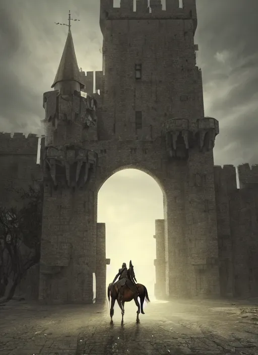 Image similar to knight on his horse standing in front of a huge medieval castle gate, brutalist architecture, dramatic lighting, cinematic, establishing shot, extremly high detail, foto realistic, cinematic lighting, post processed, concept art, artstation, matte painting, style by eddie mendoza, raphael lacoste, alex ross