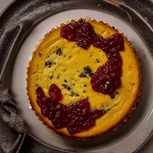 Image similar to A broccoli and raisin cheese cake, seasoned with red chilli pepper and apricot jam, high definition photography, 8k, food photography