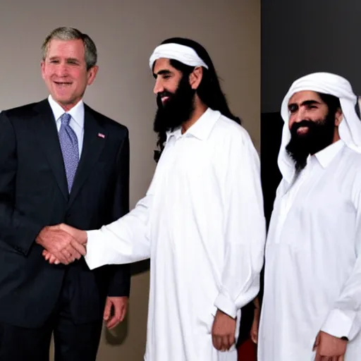 Image similar to george w bush shaking hands with osama bin laden, 8k cinematic lighting, very sharp detail, anatomically correct