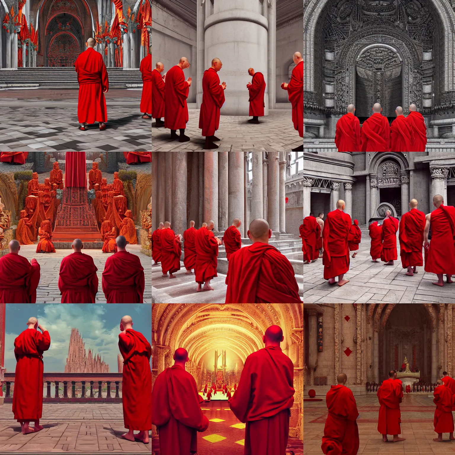 Prompt: monks in red robes worshipping the monument of vibes intricately detailed, physically based rendering, realistic, in the style of WLOP, illustration, epic, fantasy, hyper detailed, smooth, unreal engine, sharp focus, ray tracing