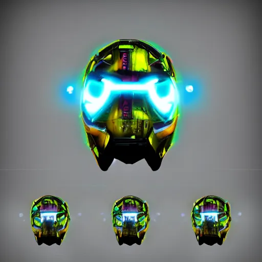 Prompt: cyberpunk helmet in the shape of a bird with stickers, a beak, glowing leds, no reflections, concept art, artstation, high details, stickers