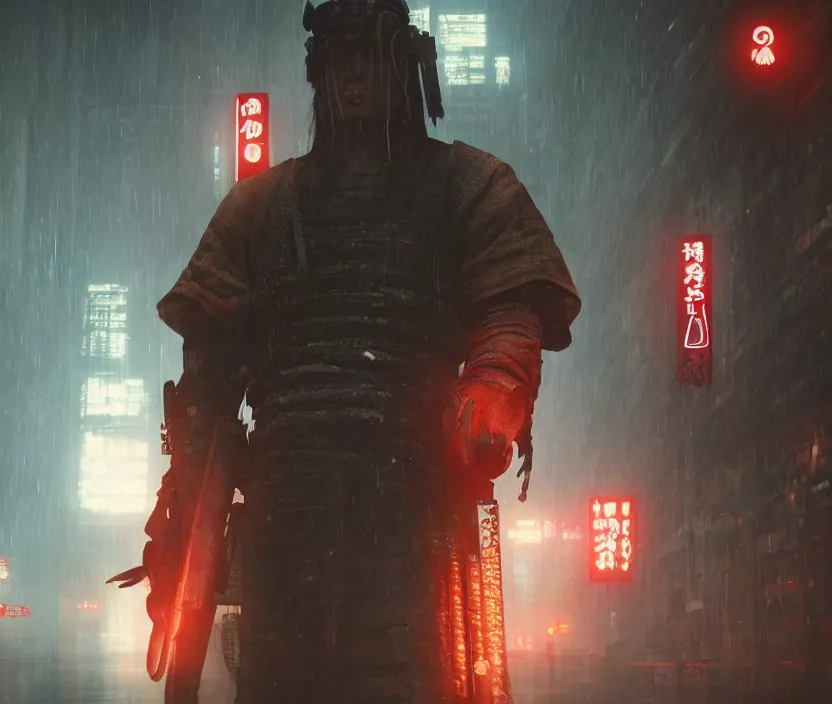 Image similar to 'a samurai in night city cyberpunk thematic , gloomy and foggy atmosphere, octane render, artstation trending, horror scene, highly detailded'