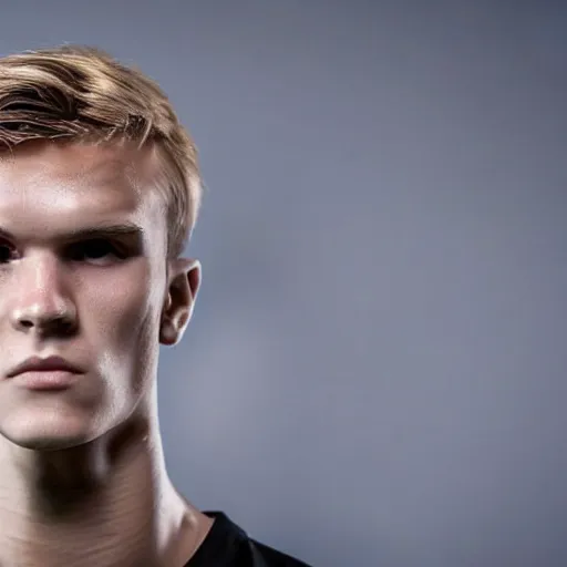 Image similar to a realistic detailed photo of a guy who is an attractive humanoid who is half robot and half humanoid, who is a male android, soccer player martin ødegaard, shiny skin, posing like a statue, blank stare, in the backyard, on display