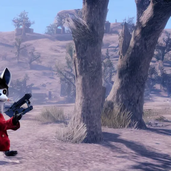 Image similar to a blue fennec fox furry in a fursuit in red dead redemption 1 holding a gun to his temple