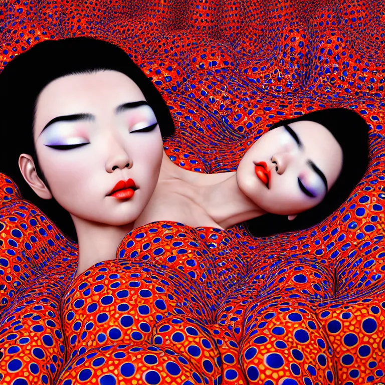 Image similar to realistic detailed image of a geisha laying down in a padded room, 8 k conjuring psychedelic background, part by yayoi kusama, part by alex gray, part by ross tran, part by james jean, ultra realistic, highly detailed, life like face, detailed body, 8 k, octane render, trending on artstation, very cohesive, masterpiece
