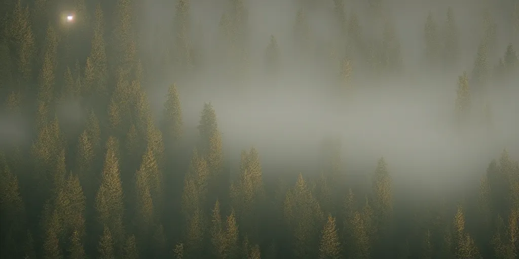 Prompt: moonlit night, forested mountains, cold light, dense forest, overhead view, fog