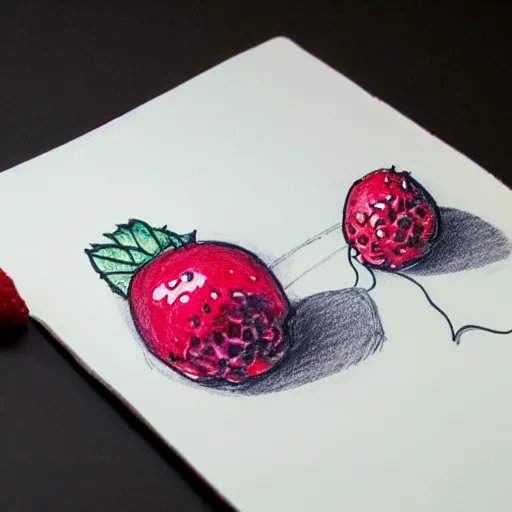 Prompt: professional ink pen sketch of a close-up raspberry