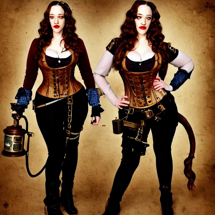 Image similar to full body photograph of kat dennings as a steampunk pirate. Extremely detailed. 8k