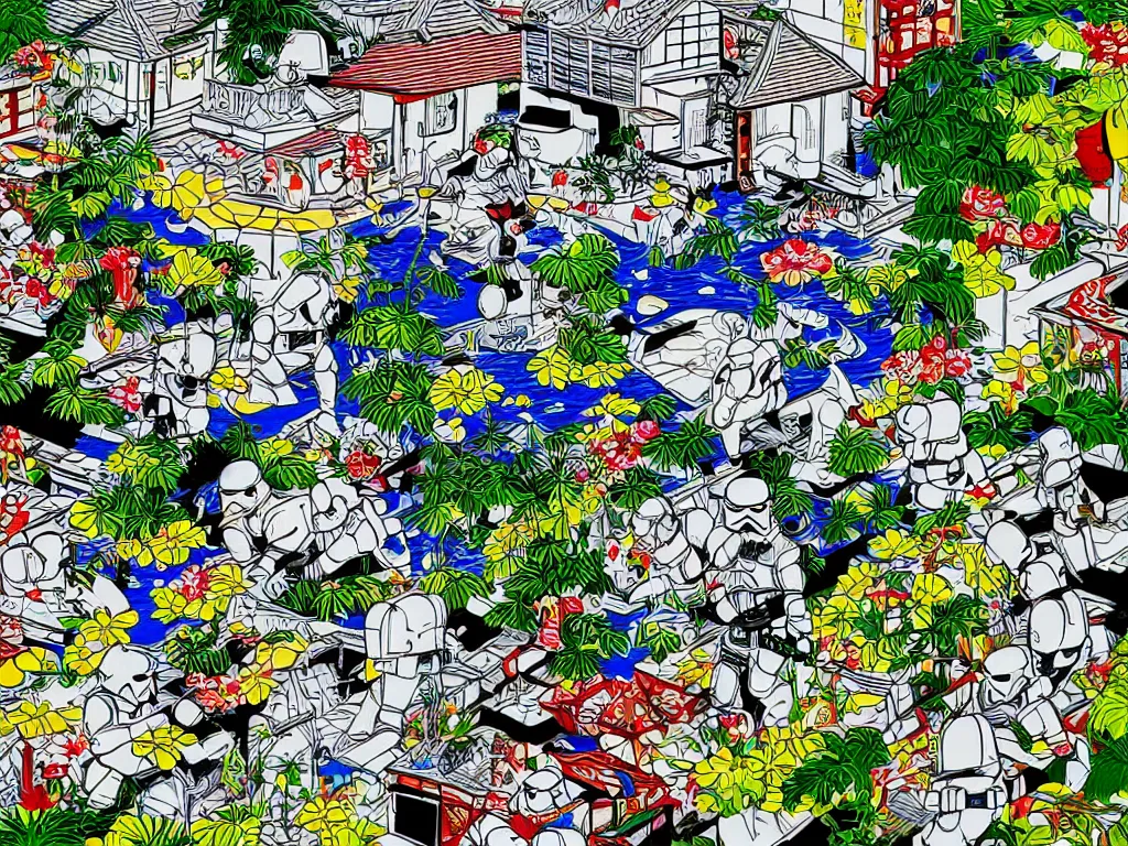 Image similar to hyperdetailed close - up image of a japanese house with a garden, pond, stormtroopers sitting around it, in style of pop - art, andy warho style, roy lichtenstein style, jackie tsa stylei, bright palette, acrylic on canvas