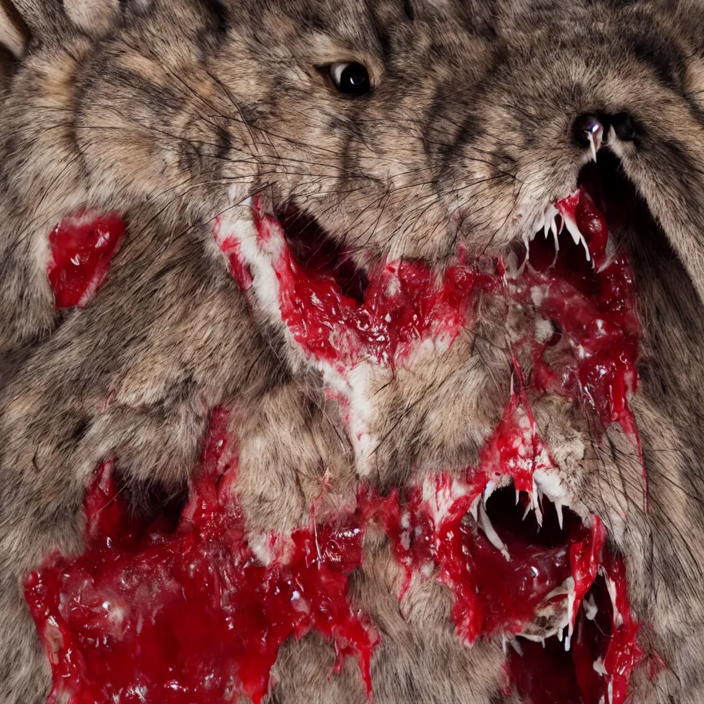 Prompt: hq studio portrait of predatory rabbit with big canine teeth and blood dripping from it's mouth