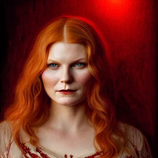 Prompt: majestic gracious regal aristocratic redhead young kirsten dunst as the vampire child claudia portrait, indoors, atmospheric lighting, painted, voluptuous, intricate, volumetric lighting, beautiful, rich deep colours masterpiece, sharp focus, ultra detailed, by leesha hannigan, ross tran, thierry doizon, kai carpenter, ignacio fernandez rios