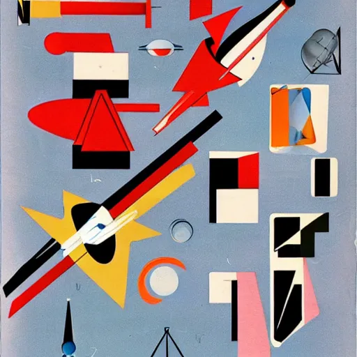 Prompt: an abstract mid - century modern collage of random shapes cut from vintage science and fashion magazines depicting the future of space travel as imagined in 1 9 5 6 in the usa.