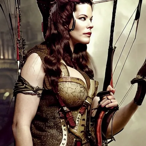 Image similar to full body photo of liv tyler as a steampunk archer