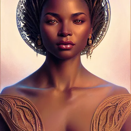 Image similar to portrait of an african american goddess, half body, perfect face, intricate, elegant, highly detailed, digital painting, artstation, concept art, smooth, sharp focus, illustration, art by artgerm and greg rutkowski and alphonse mucha