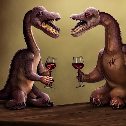 Prompt: two csotonyi paleoart dinos toasting glass of wine, wide shot paintingartstation deviantart hires uhq 8 k