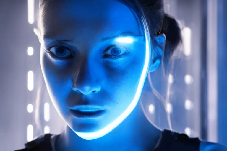 Image similar to promotional image from a dystopian sci - fi movie, a girl in a dark dystopian lab, blue lighting, muted colors, medical equipment, 8 k, cinematic, dramatic lighting, very detailed face, movie still frame, promotional image, imax 7 0 mm footage