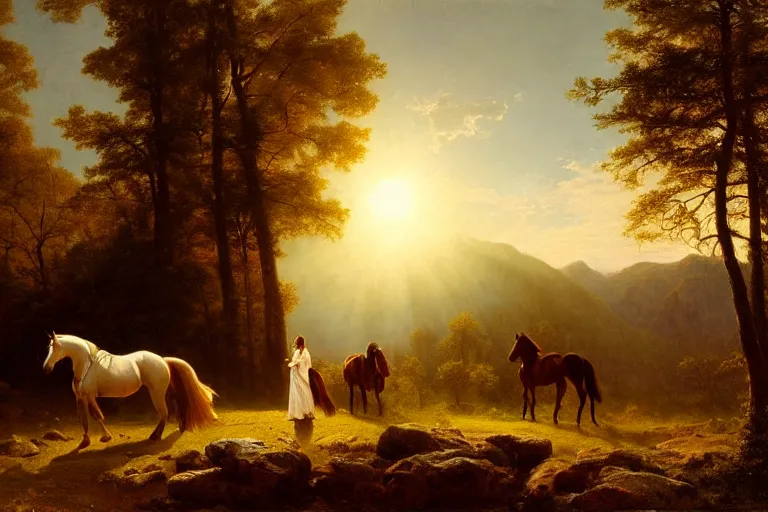 Image similar to scenic western mountain landscape with horses and a woman wearing a white traditional dress, oil on canvas, radiant light, artstation, Alfred Bierstadt