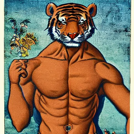 Image similar to a tiger with the body of a man,