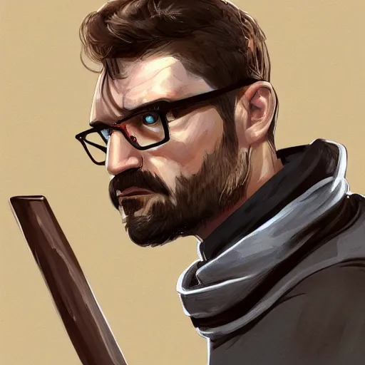 Image similar to A beautiful illustration and portrait of gordon freeman holding a crowbar, concept art, trending on artstation